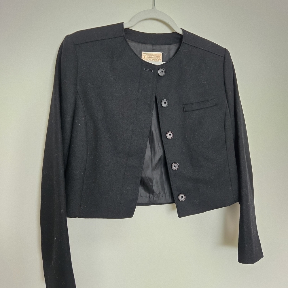 Pendleton Black 100% Wool Cropped Button Front Jacket Made in USA Winter